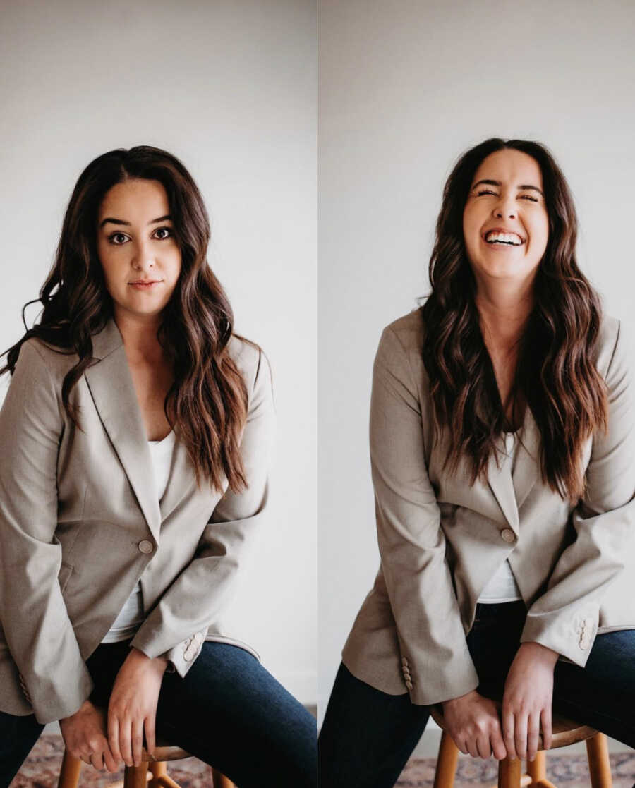 double portrait of woman sitting on a stool wearing gray blazer jacket 