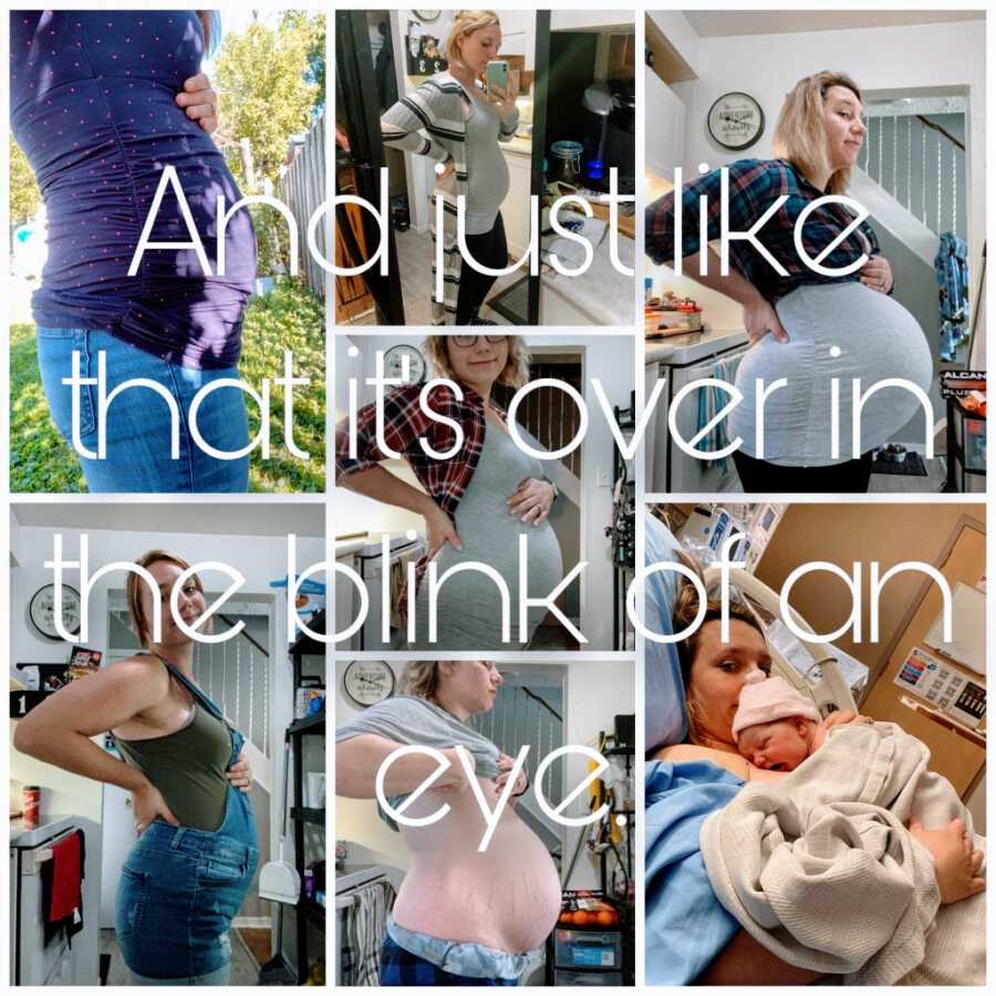 Woman shares photo collage depicting her pregnancy journey and birth with the text "And just like that, it's over in the blink of an eye" over it.