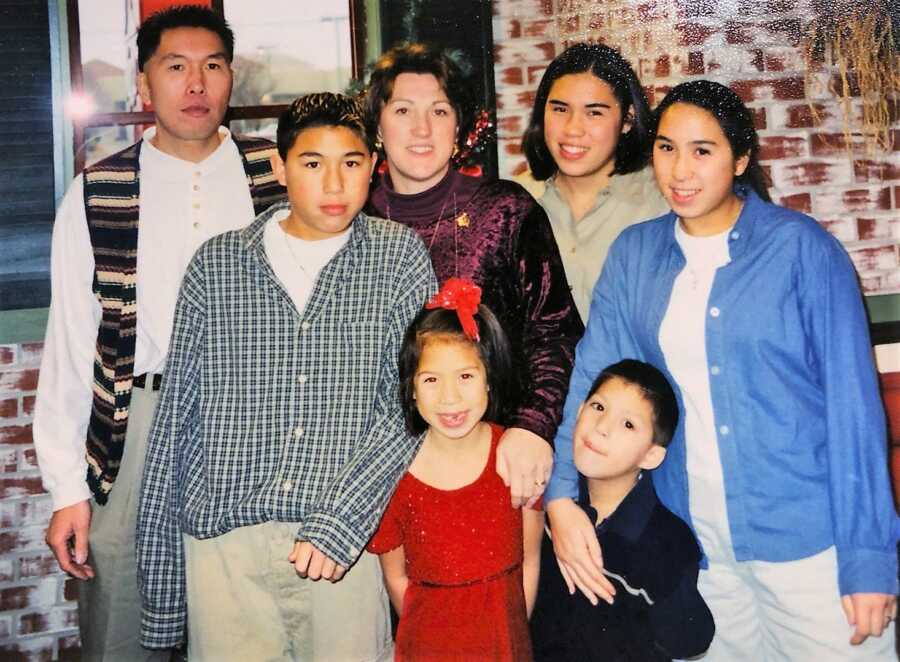 Portrait of Asian American family - mom, dad and 5 kids