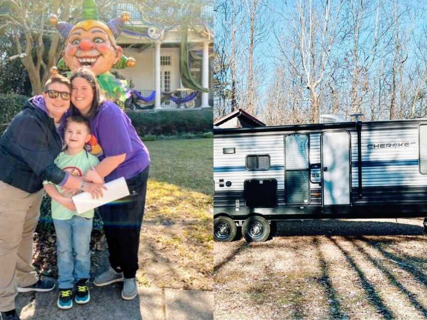 On the left, lesbian couple take a photo with their adopted son during Mardi Gras, on the right, a photo of an RV the same family travels in