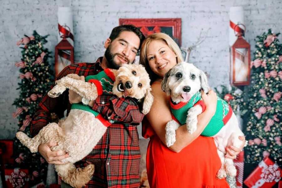 Married couple take Christmas photos with their two dogs in green and red sweaters