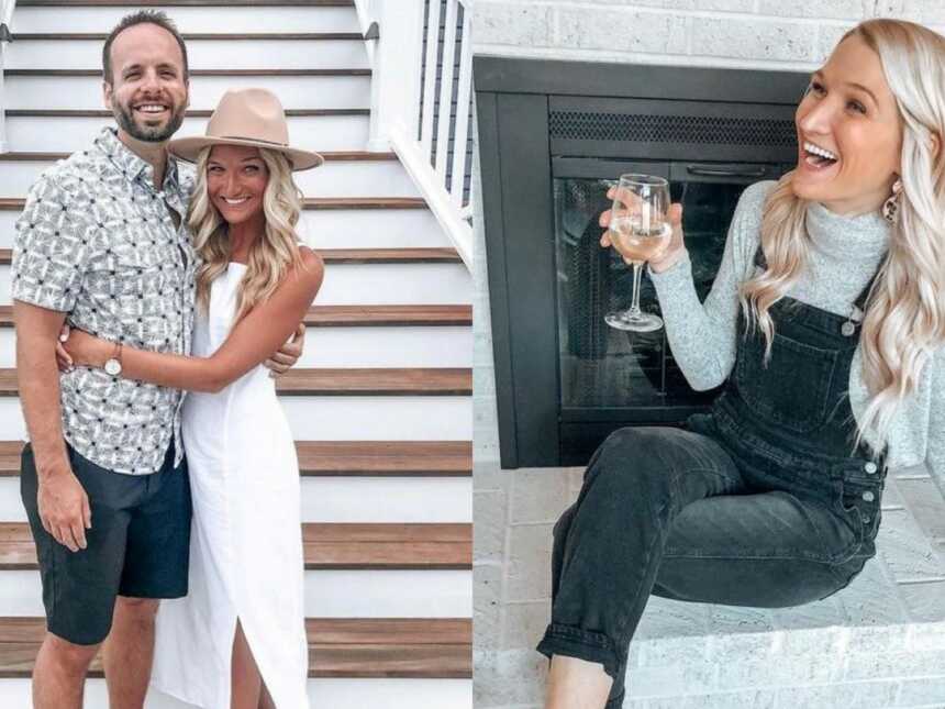 On the left, married smile and hug each other at the bottom of the stairwell while on vacation, on the right, same woman sits in front of a fireplace with a bottle of wine
