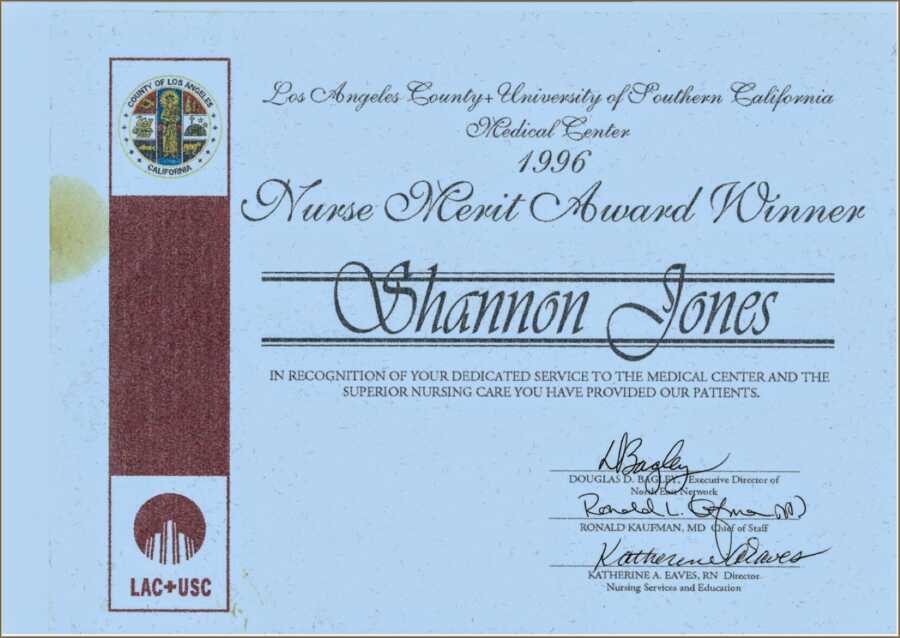 Nurse Merit Award issued in 1996 to an African American woman named Shannon Jones