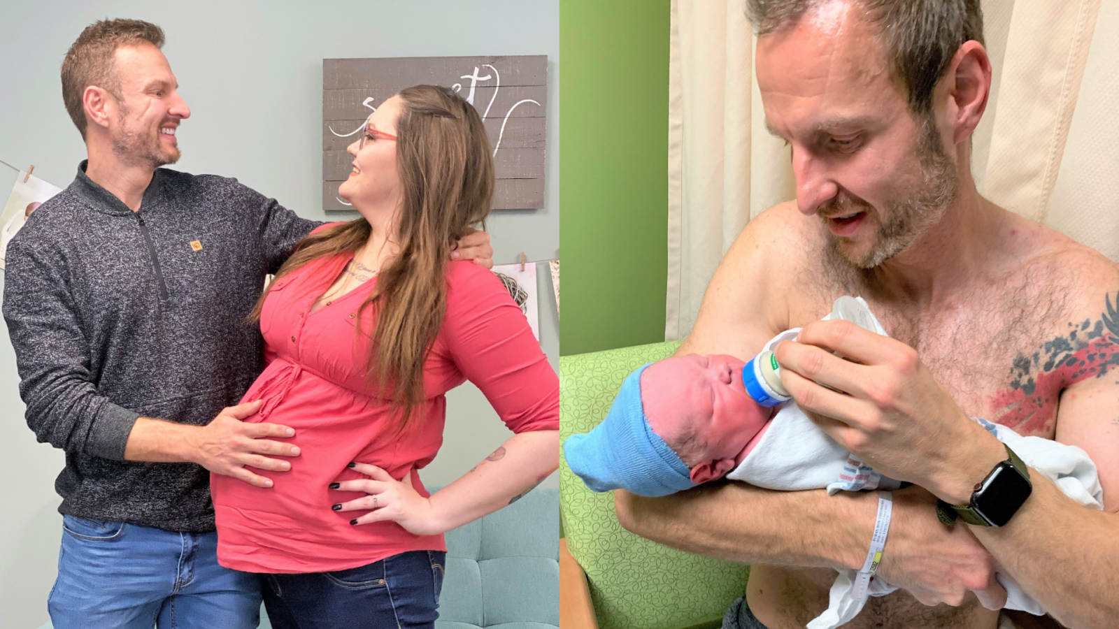 On the left, single dad takes a photo with his pregnant surrogate, on the right, single dad holds his newborn son while bottle feeding him