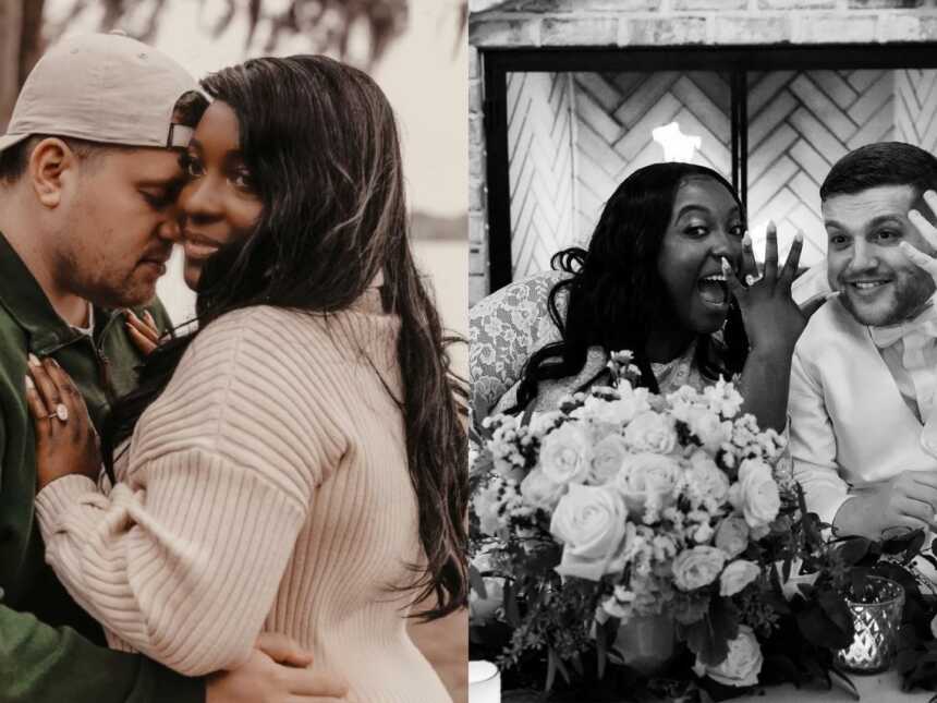 Interracial couple take engagement and wedding photos
