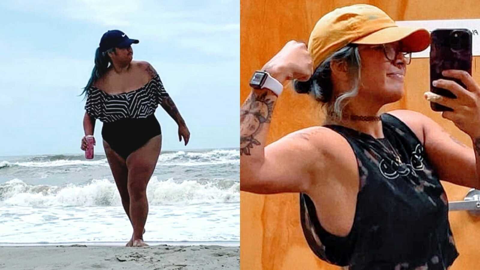 A woman wearing a bathing suit at the beach and a woman flexing her bicep