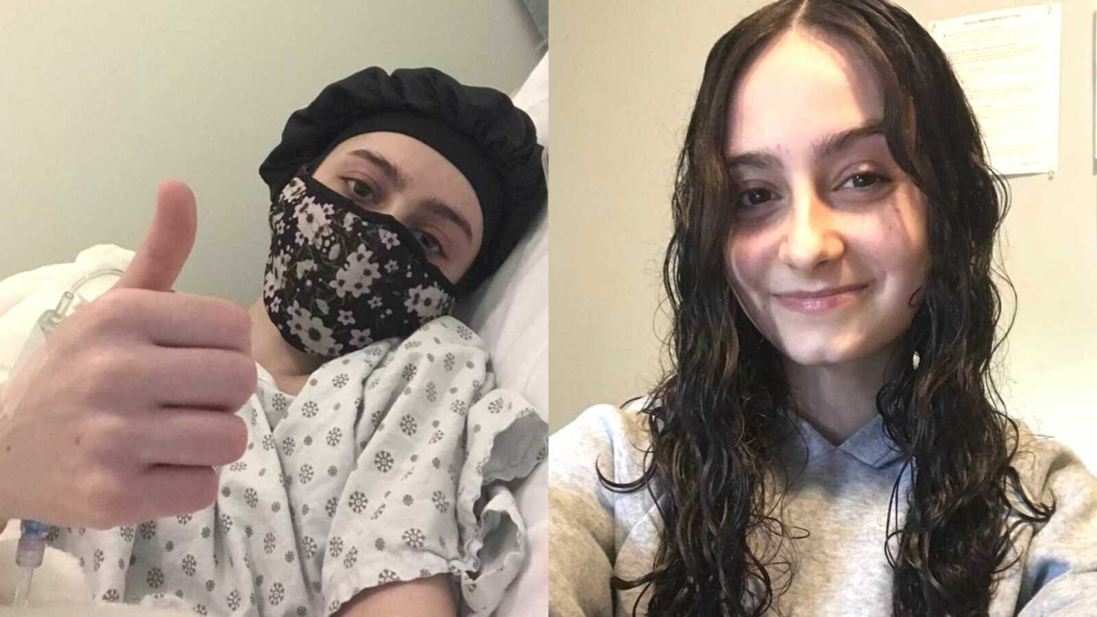 A chronically ill woman in a hospital bed giving a thumbs up and a woman with long brown hair