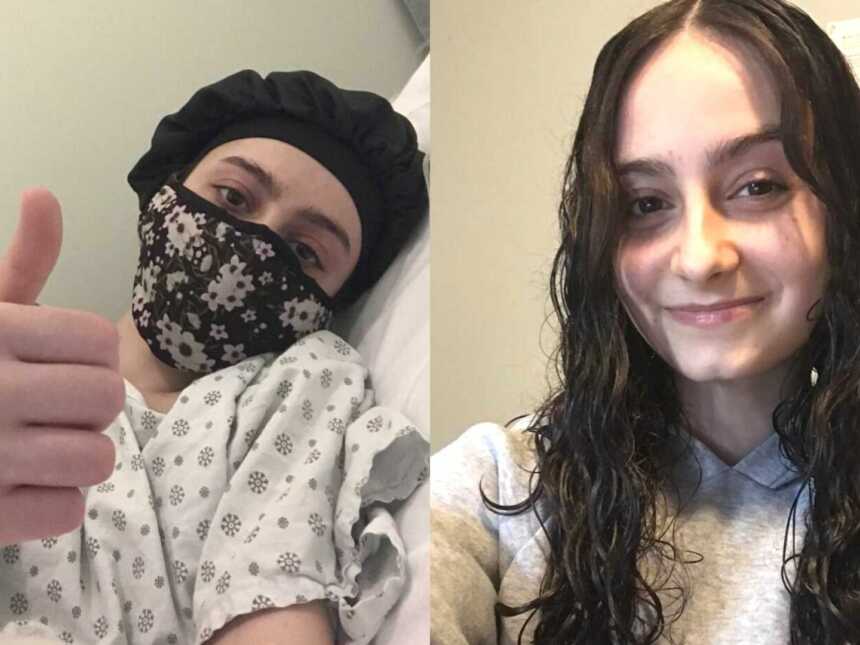A chronically ill woman in a hospital bed giving a thumbs up and a woman with long brown hair
