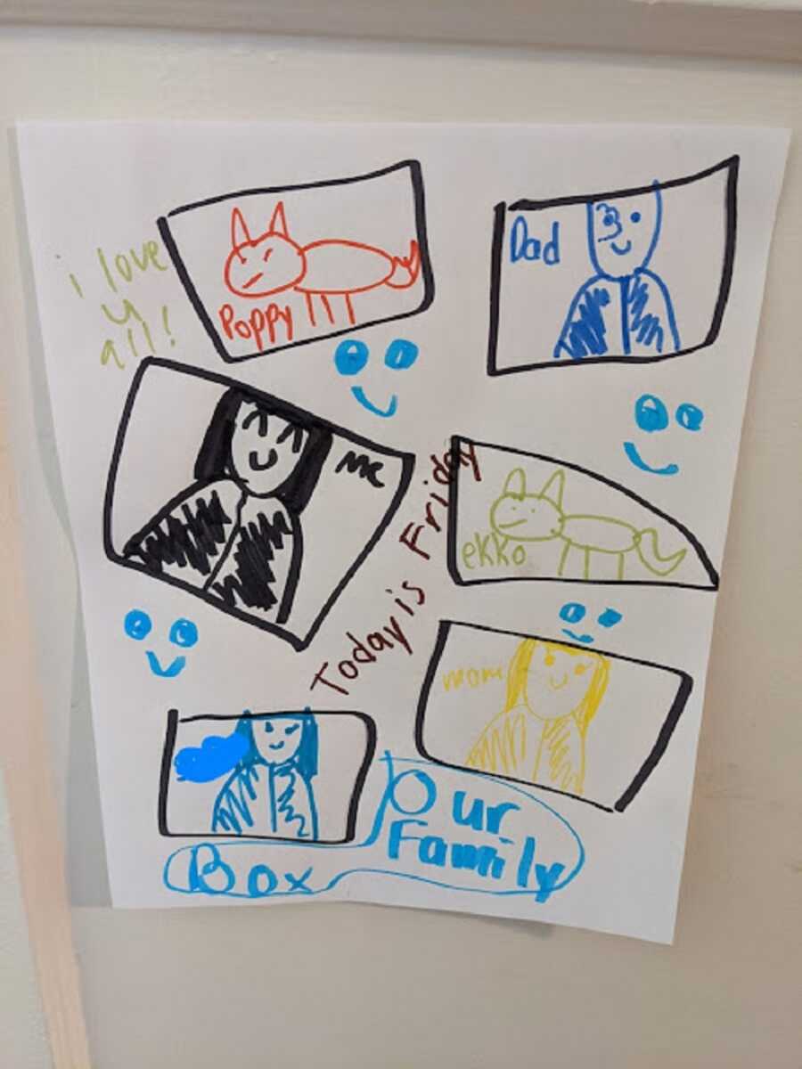 Foster daughter draws sweet picture of family.