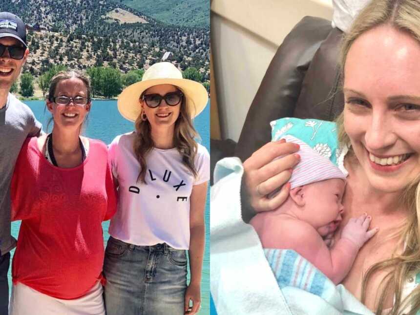 Parents stand with their surrogate and a mom and her newborn son