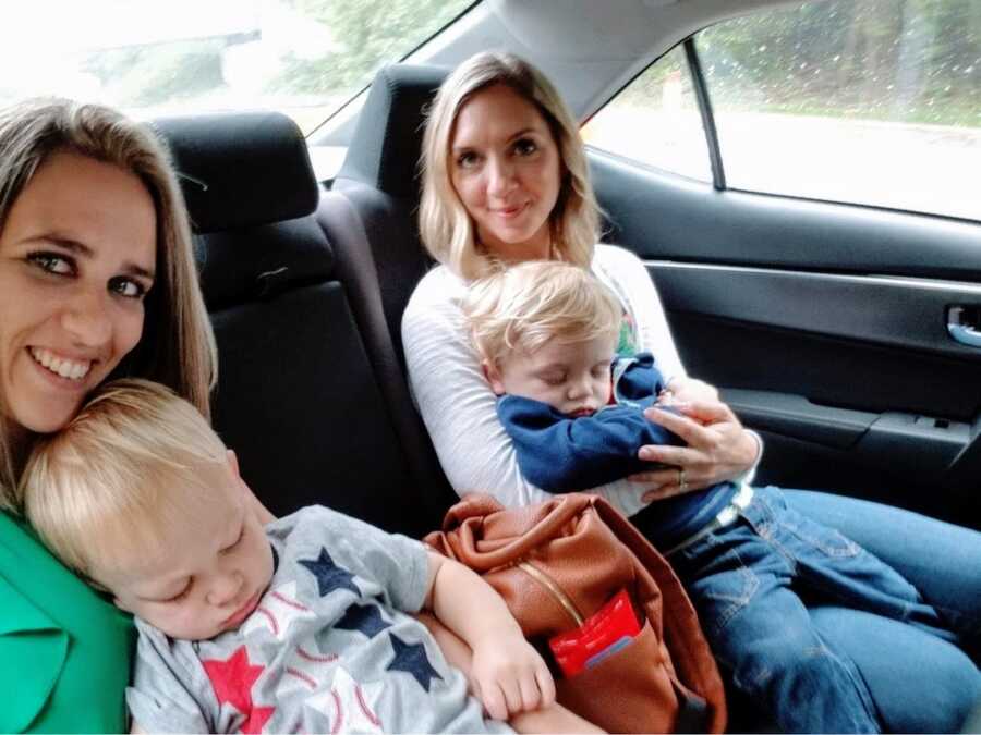 woman traveling to reunite with her birth mother with two young children and a friend