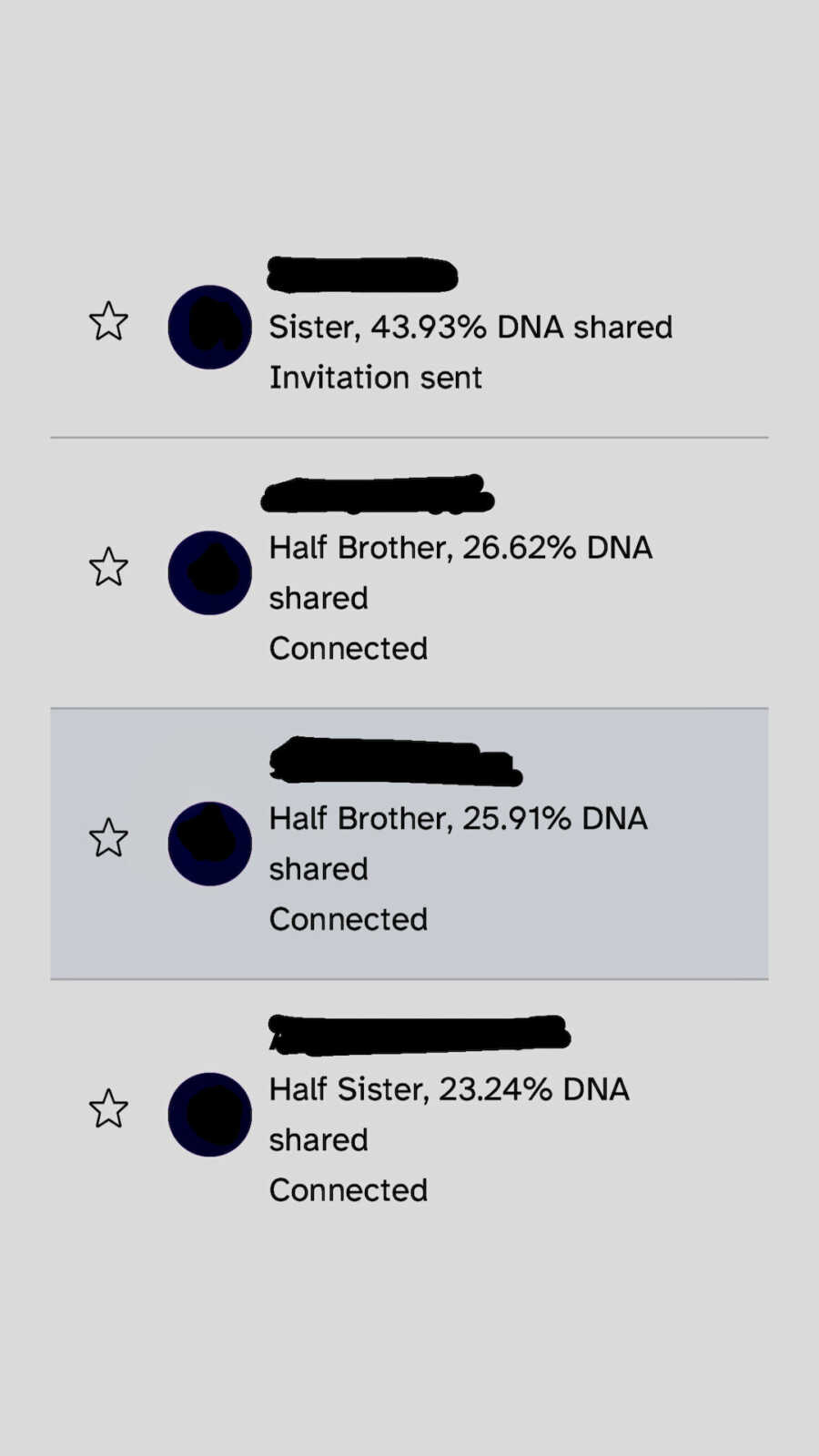 screenshot showing DNA test results uncovering new siblings for an adopted woman