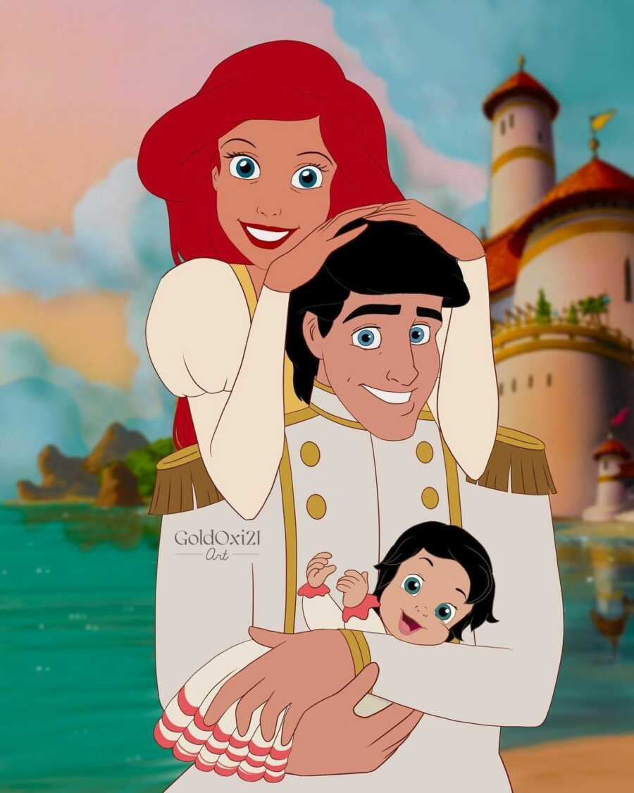 illustration of princess ariel, prince eric who is holding their baby