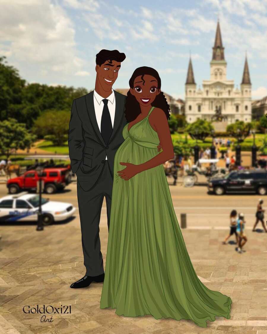 illustration of pregnant princess tiana and prince naveen