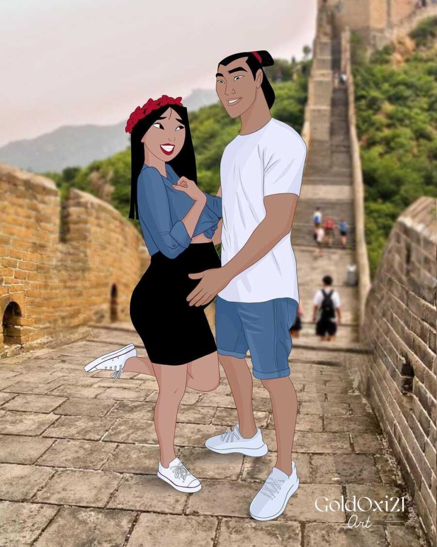 illustration of pregnant Mulan and Li Shang, he holds her belly