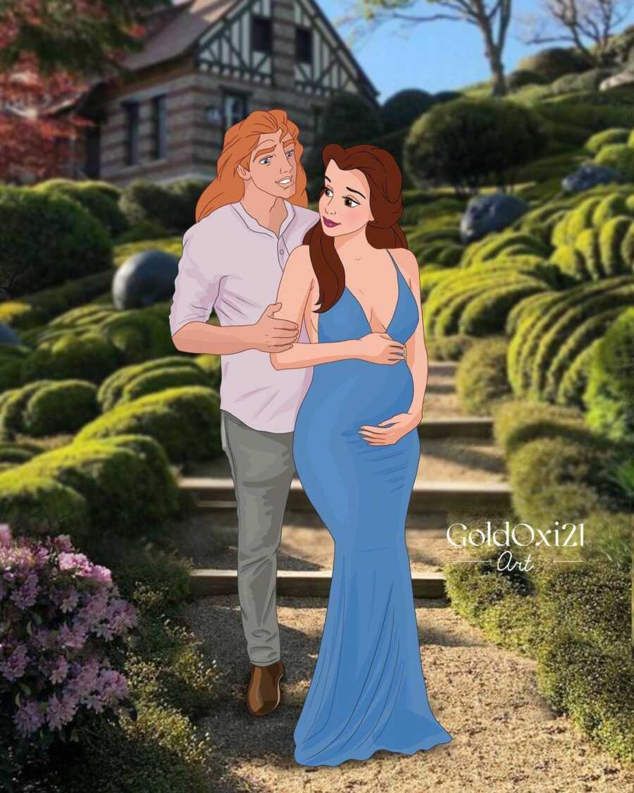 illustration of pregnant princess belle while the beast holds her