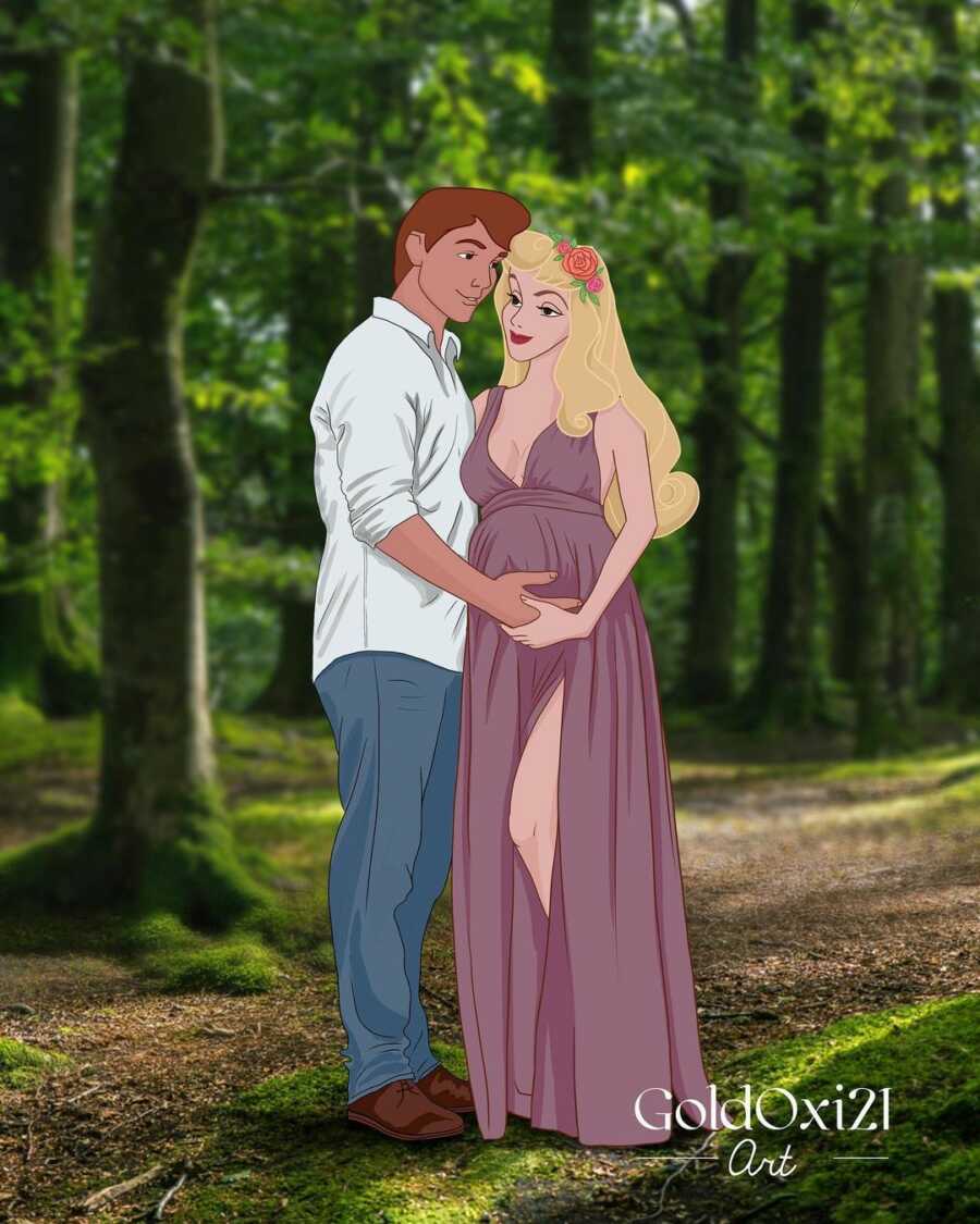 illustration of pregnant sleeping beauty with prince Phillip holding her belly