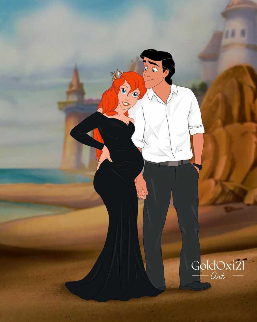 illustration of pregnant princess ariel with prince eric at her side