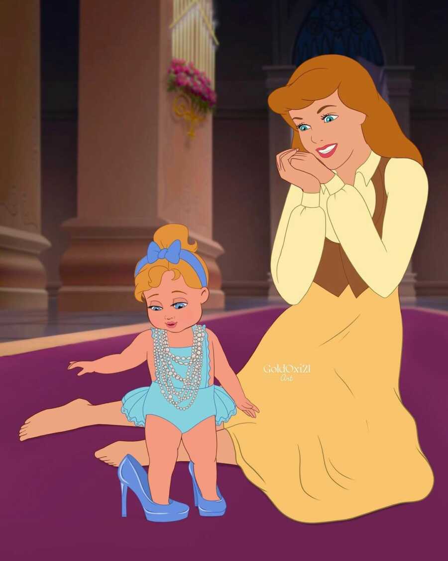 Illustration of Cinderella with her daughter who is playing dress up