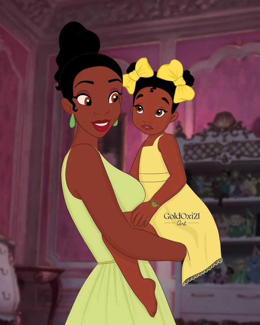 illustration of princess tiana holding her daughter
