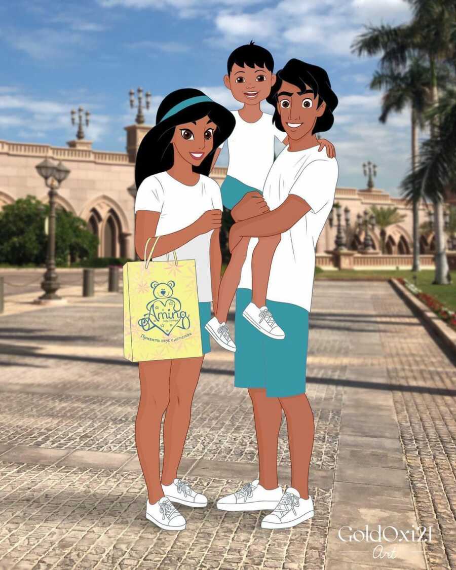Illustration of princess Jasmine and prince Ali holding their son
