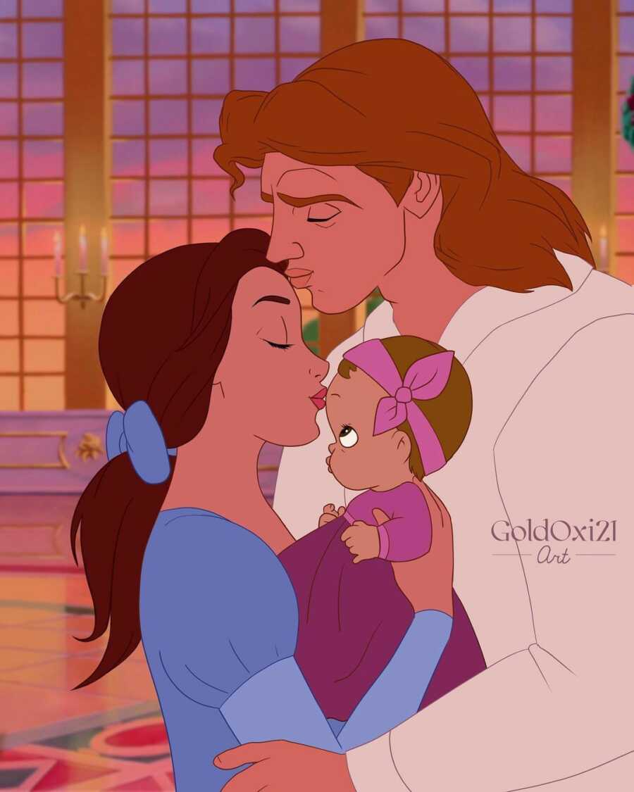 illustration of princess belle being kissed on the forehead by the beast while holding their daughter
