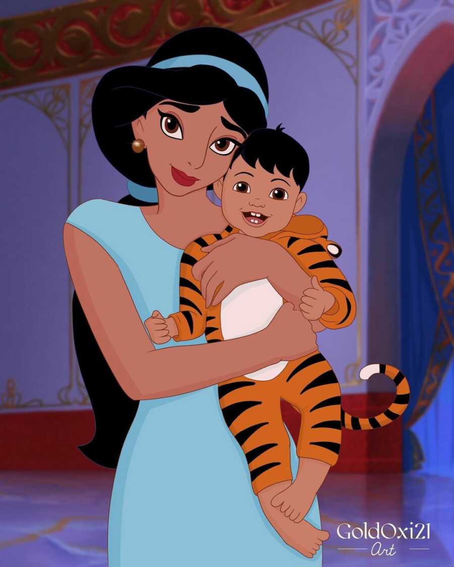 Illustration of princess Jasmine holding her son who is wearing a tiger onesie