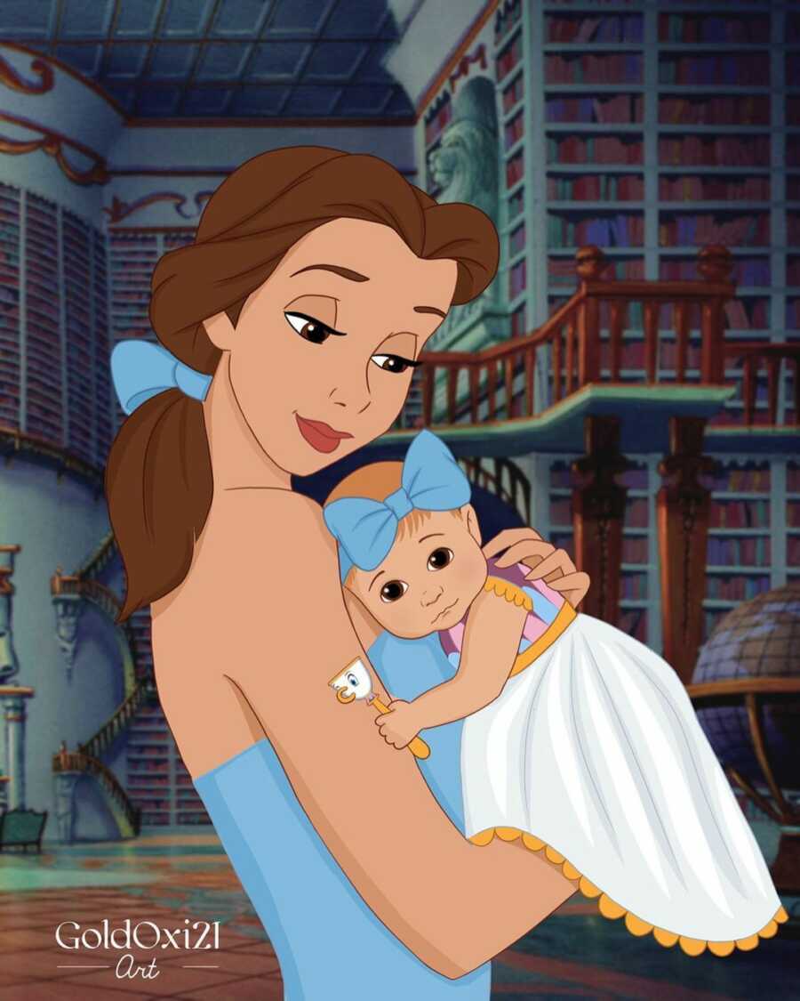 illustration of princess belle holding her baby girl