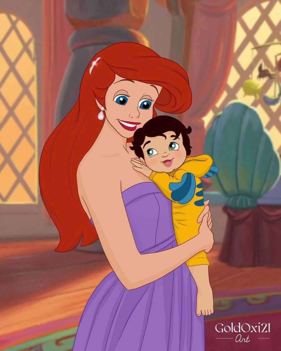 illustration of princess ariel holding her baby in her arms