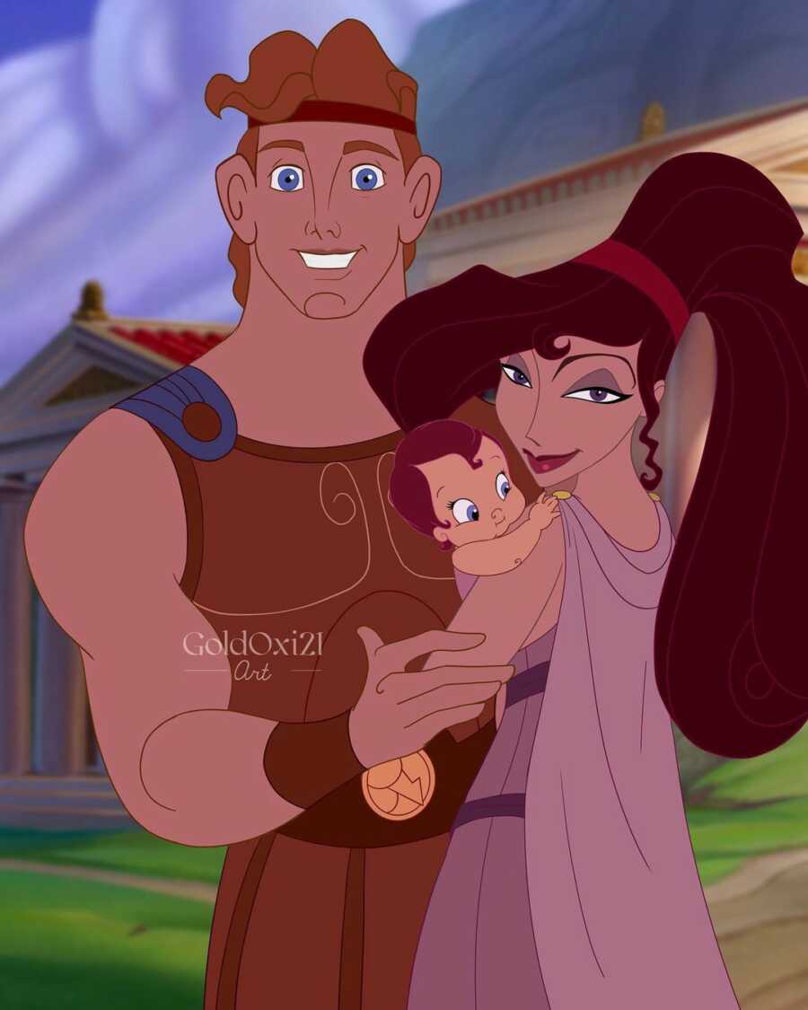 illustration of megara and hercules holding their baby
