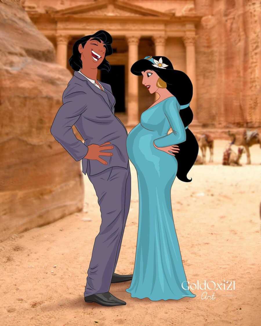 Illustration of pregnant princess Jasmine and prince Ali, they are touching bellies