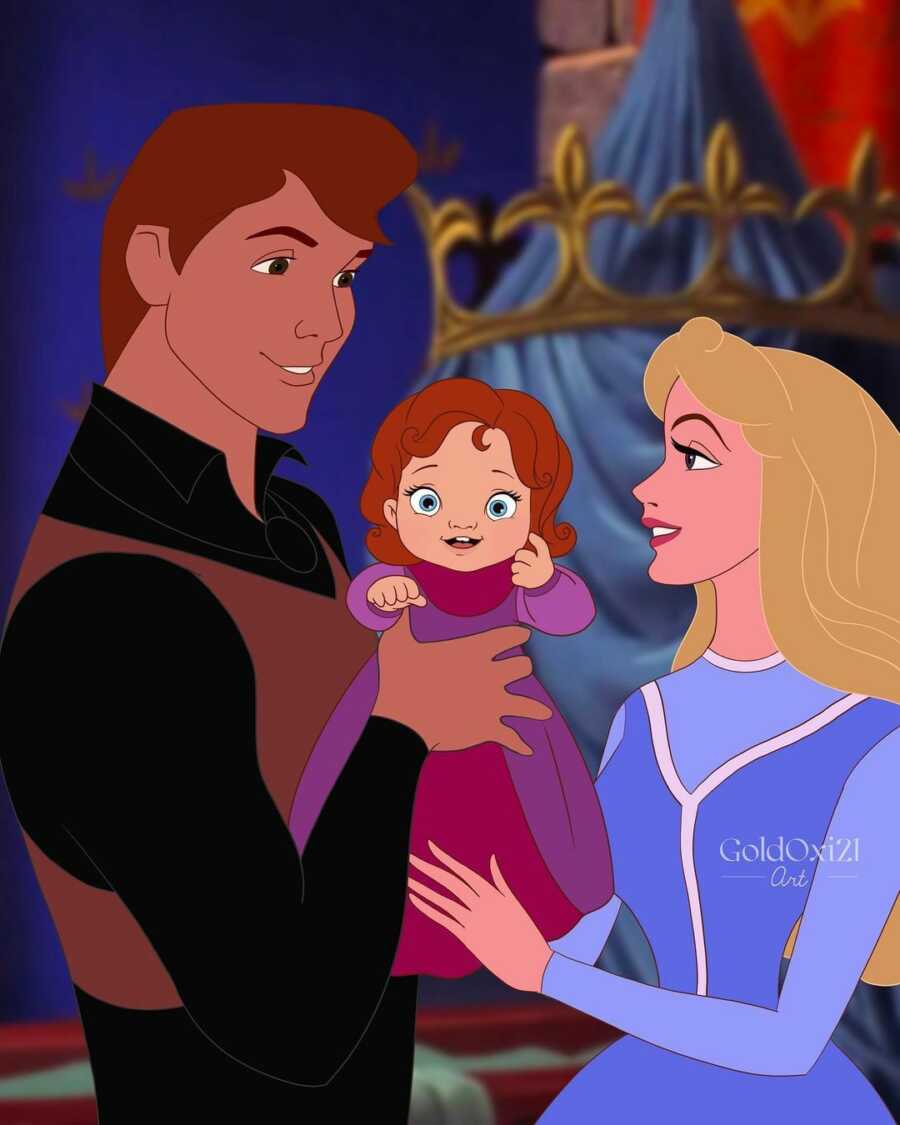 illustration of sleeping beauty and prince Phillip holding their daughter