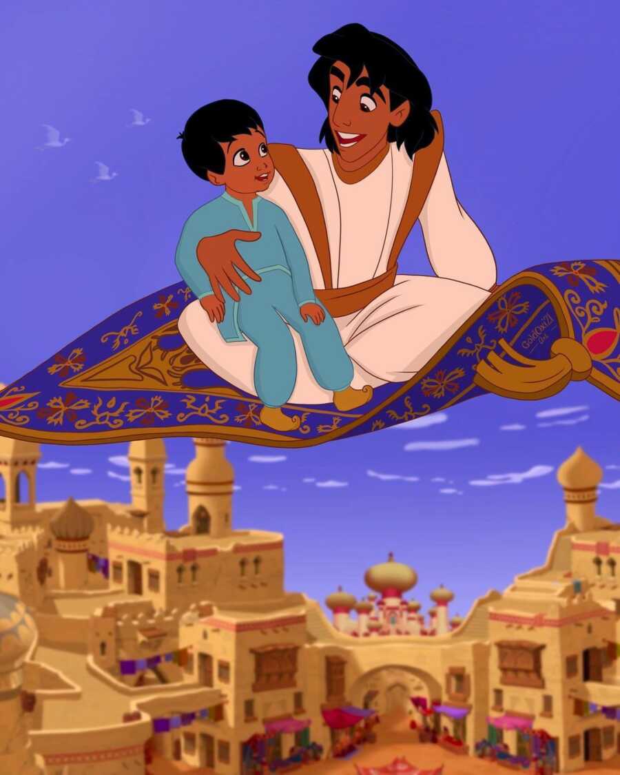 Illustration of Prince Ali flying on the magic carpet with his son