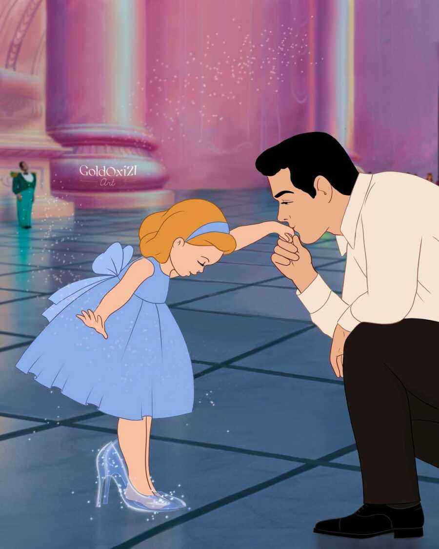 illustration of prince charming kissing his daughters hand