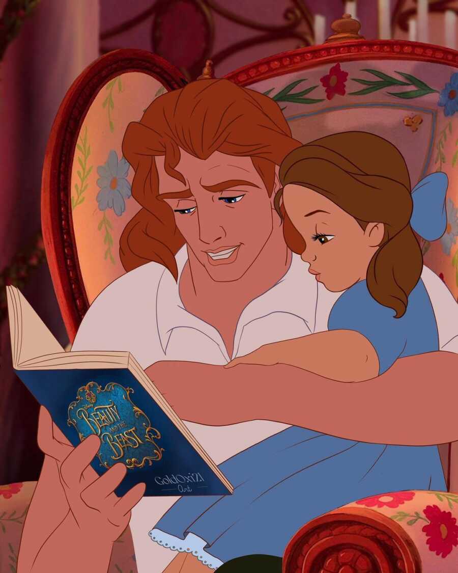 illustration of the beast as a prince holding his daughter while reading