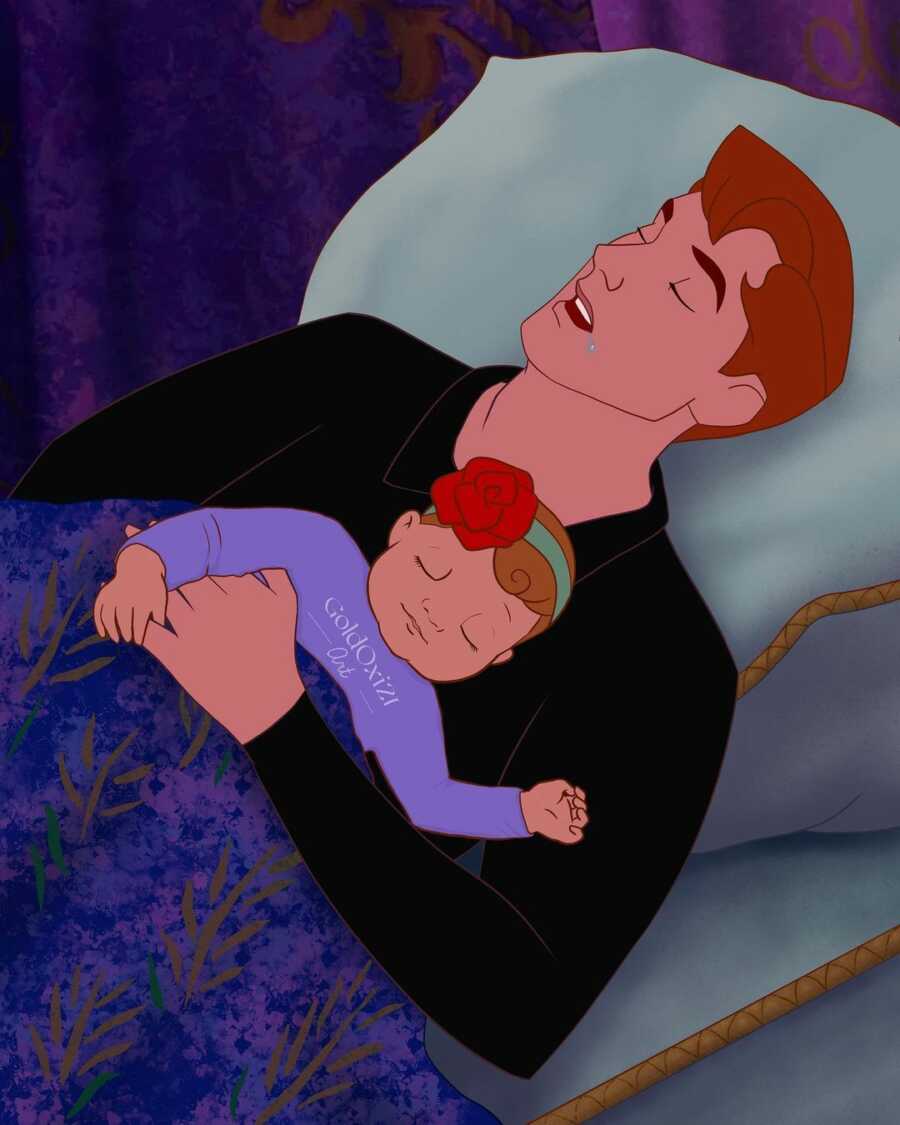 illustration of sleeping prince Phillip with his daughter sleeping on his chest