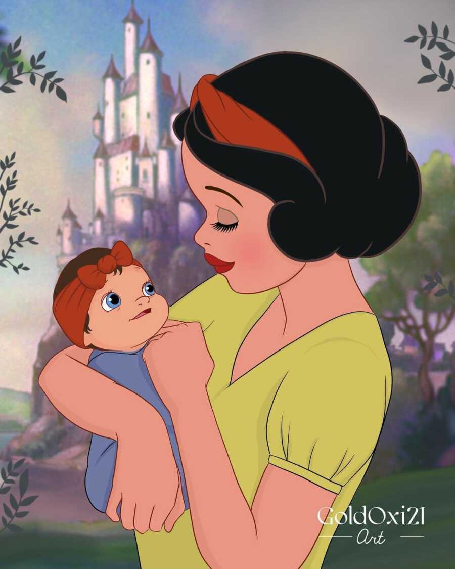 illustration of snow white holding her baby admiringly