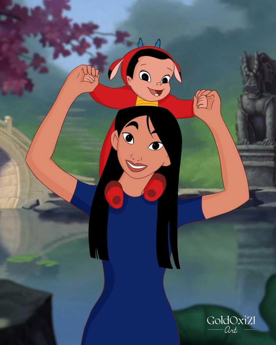 illustration of Mulan holding her baby on her shoulders