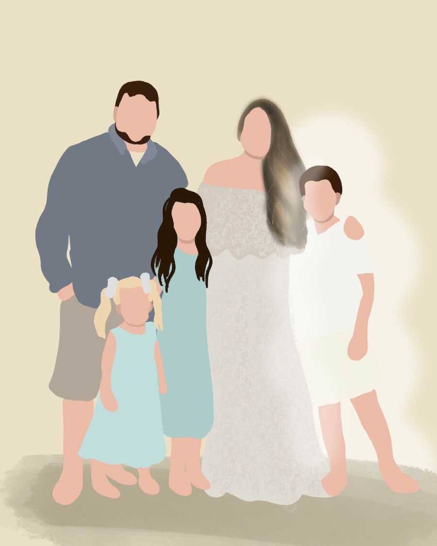 illustration of family but including a rendition of what their son would look like had he not passed away