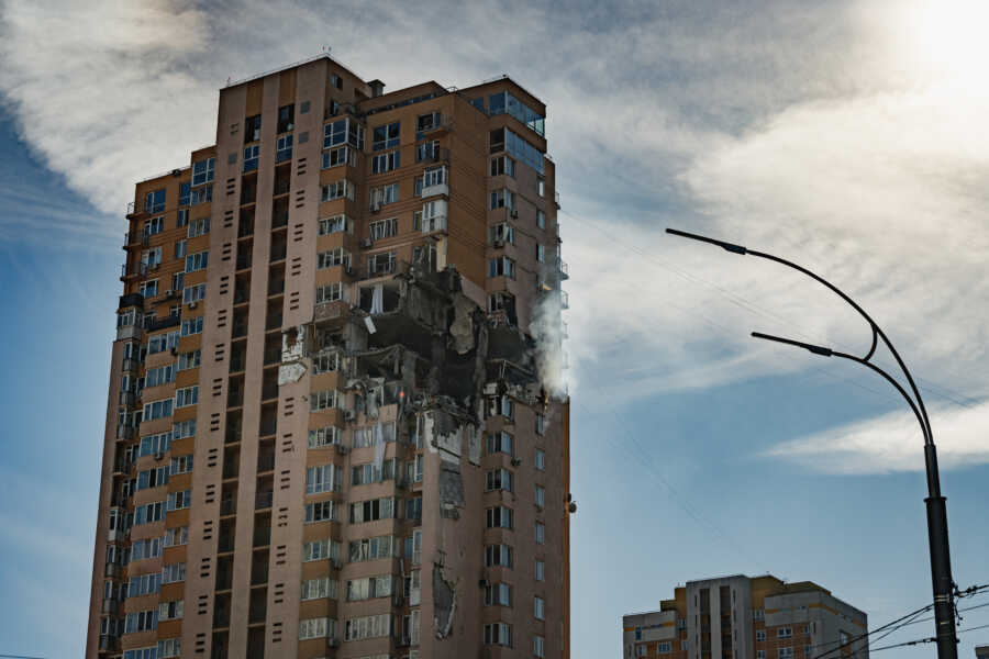 Building in Ukraine damaged from Russian invasion.