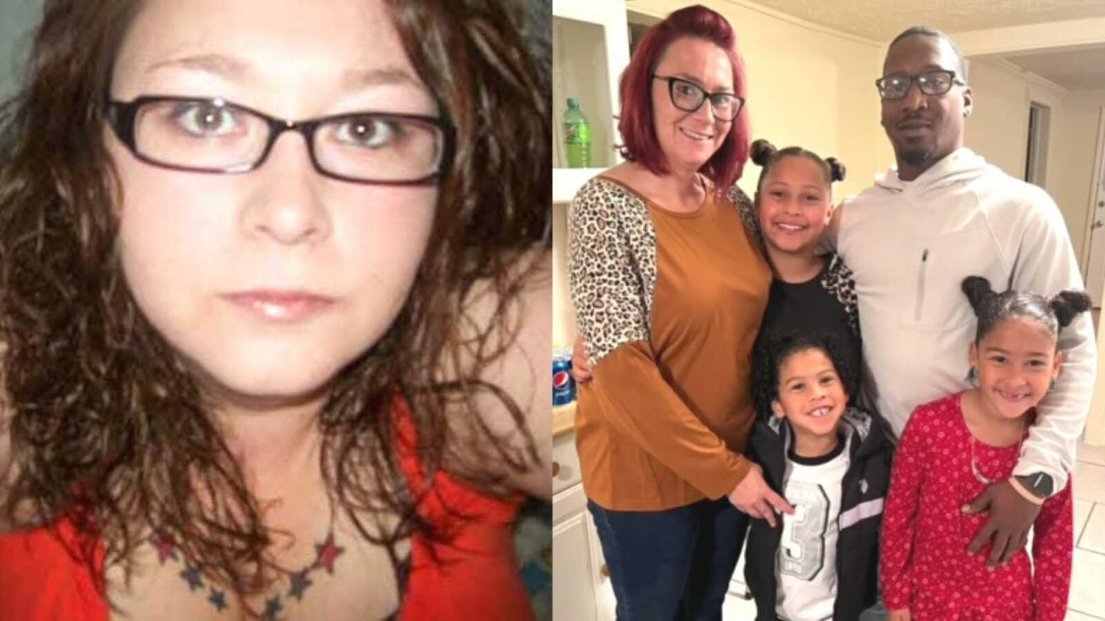 A woman in glasses and a mom with her partner and kids