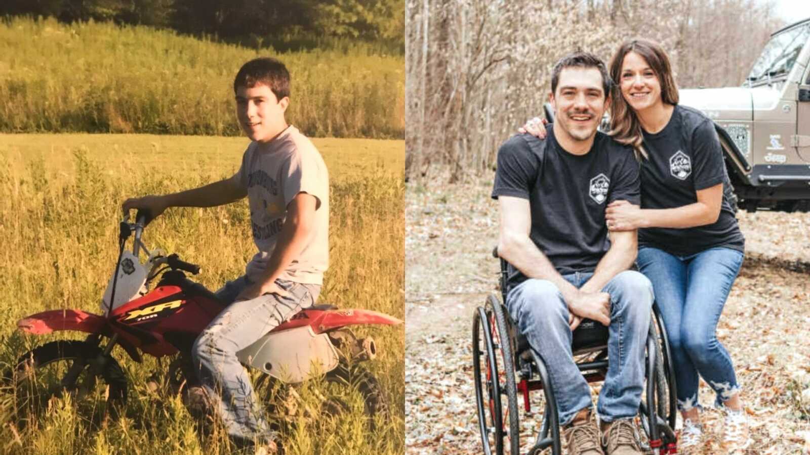 A boy on a motorbike and a man in a wheelchair with his wife