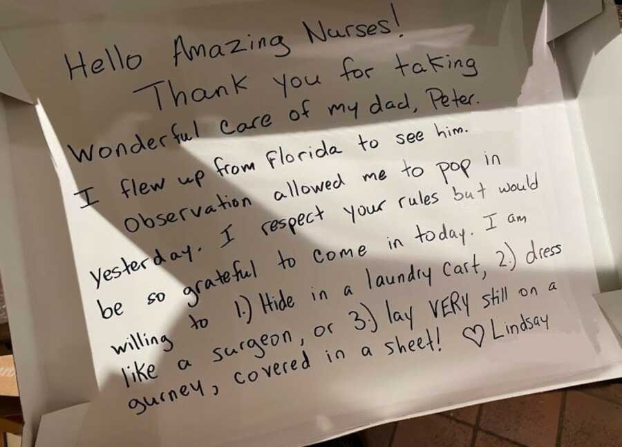 daughters note to nurses to help her see her dad