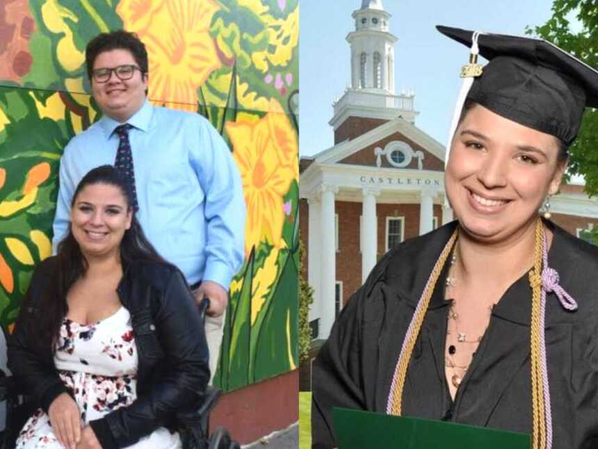 A woman with cerebral palsy and her friend and a graduating student in cap and gown