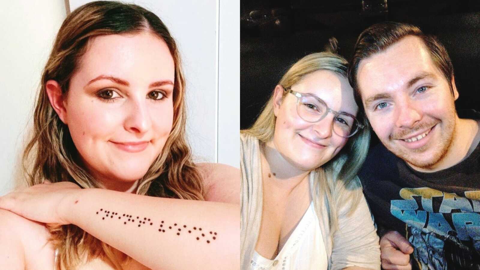 A blind woman displays a braille tattoo and a woman with her partner
