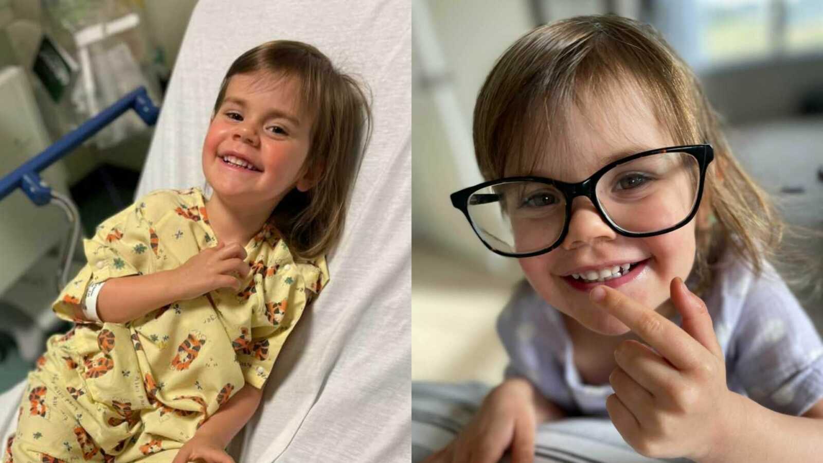 A little girl in a hospital bed and a cancer survivor wearing glasses