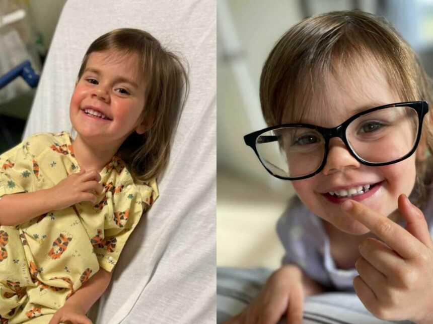 A little girl in a hospital bed and a cancer survivor wearing glasses