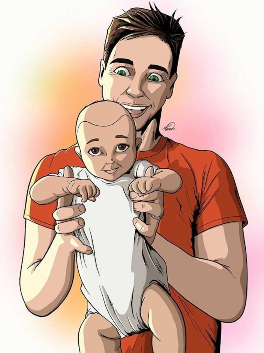 illustration of a father holding their newborn child