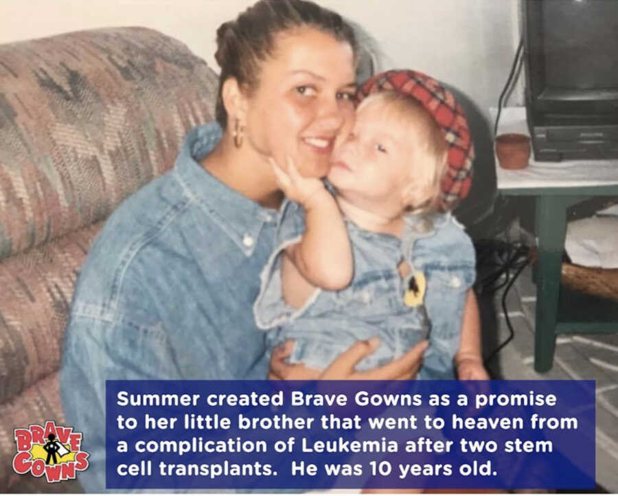 promotional image promoting brave gowns and sharing the story, siblings sit on the couch together