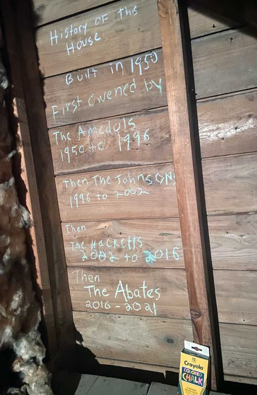 Chalk written on wooden panels listing who lived in the home and what years